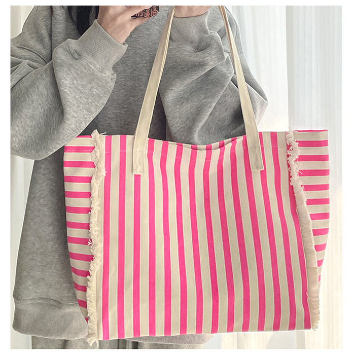 ストライプ柄キャンバストートバッグ レディース肩掛け