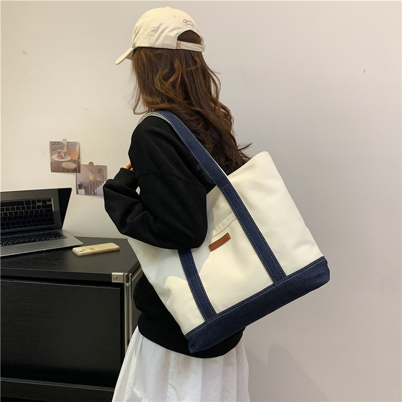 キャンバストート デニム風バイカラー切り替え大容量トート