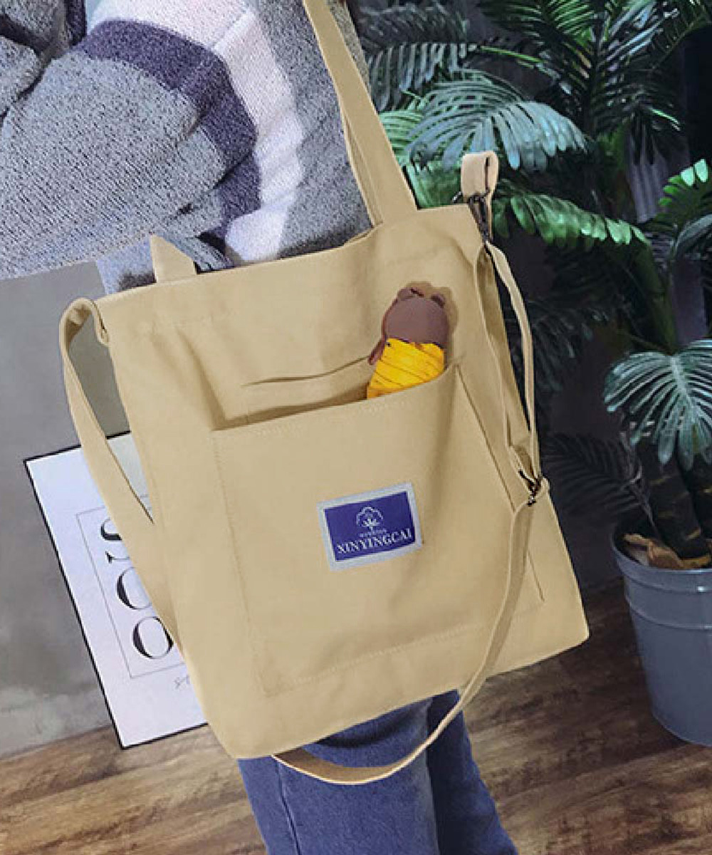 キャンバストートバッグ 大容量 二つ折り 斜めがけ対応