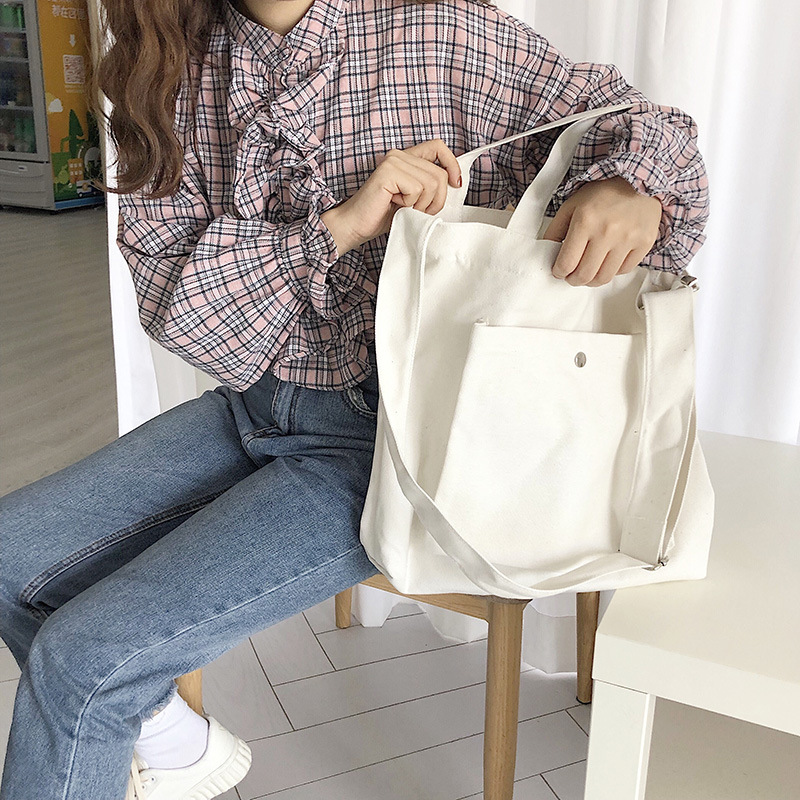 キャンバストート シンプル外ポケット付き斜め掛けバッグ