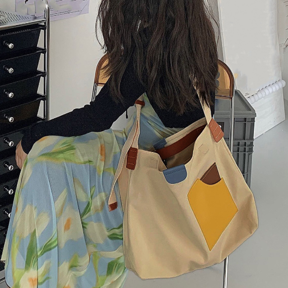 大容量キャンバストート 配色デザイン 帆布トートバッグ