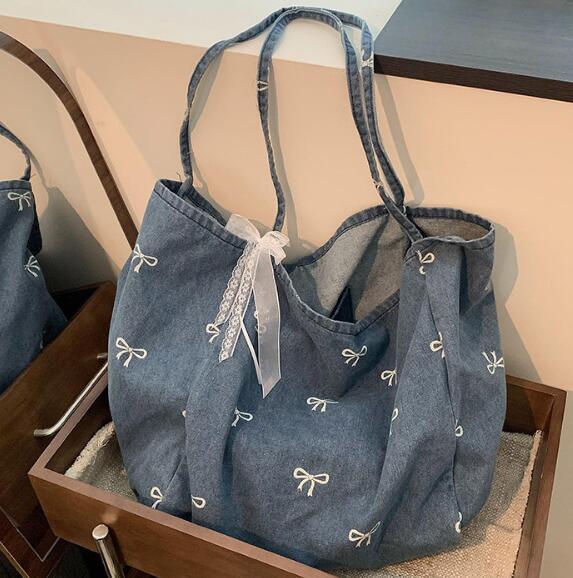 リボン柄大容量キャンバストートバッグ
