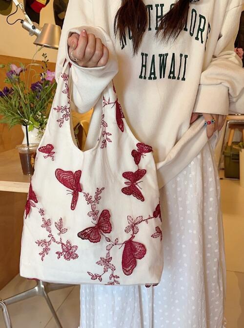 蝶々刺繍大容量キャンバストートバッグ