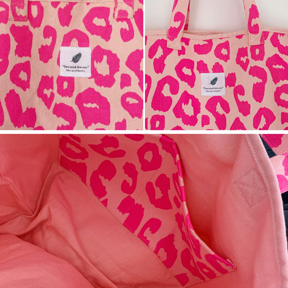 ピンクヒョウ柄キャンバストートバッグ大容量