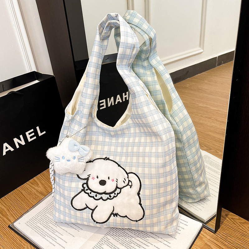 キャンバストート ふわふわ犬刺繍チェック柄ショルダーバッグ