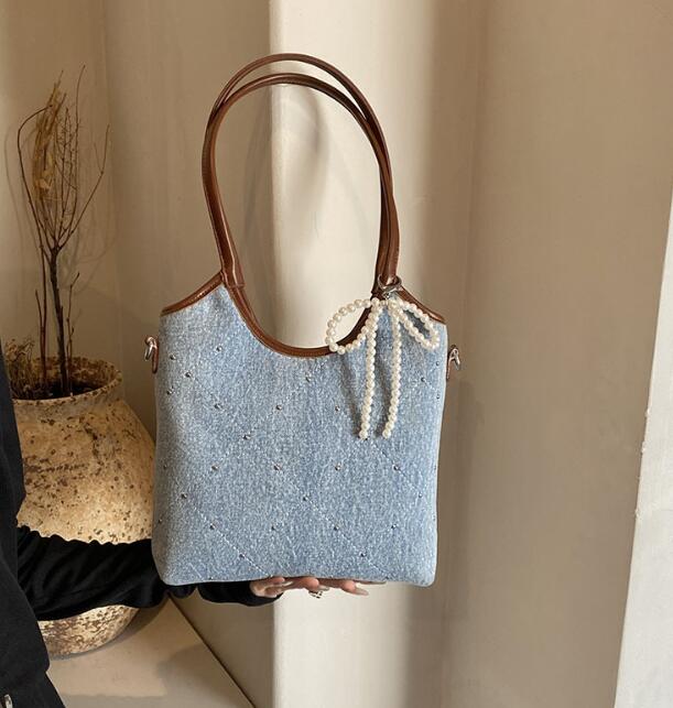 大容量デニム風キャンバストート パール紐付き韓国風鞄