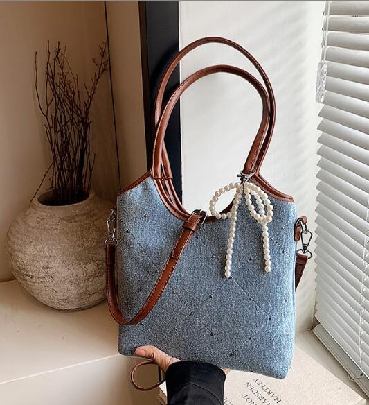 大容量デニム風キャンバストート パール紐付き韓国風鞄