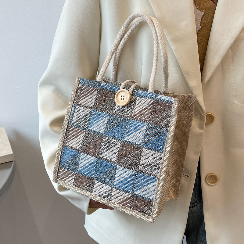 キャンバストートミニ 幾何学模様のボタン付きロープ持ち手トートバッグ