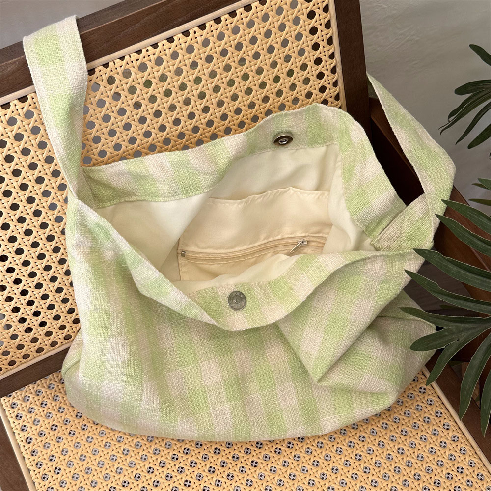 キャンバストート 帆布チェック柄ショルダートートバッグ内ポケット付き