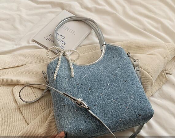 大容量デニム風キャンバストート パール紐付き韓国風鞄