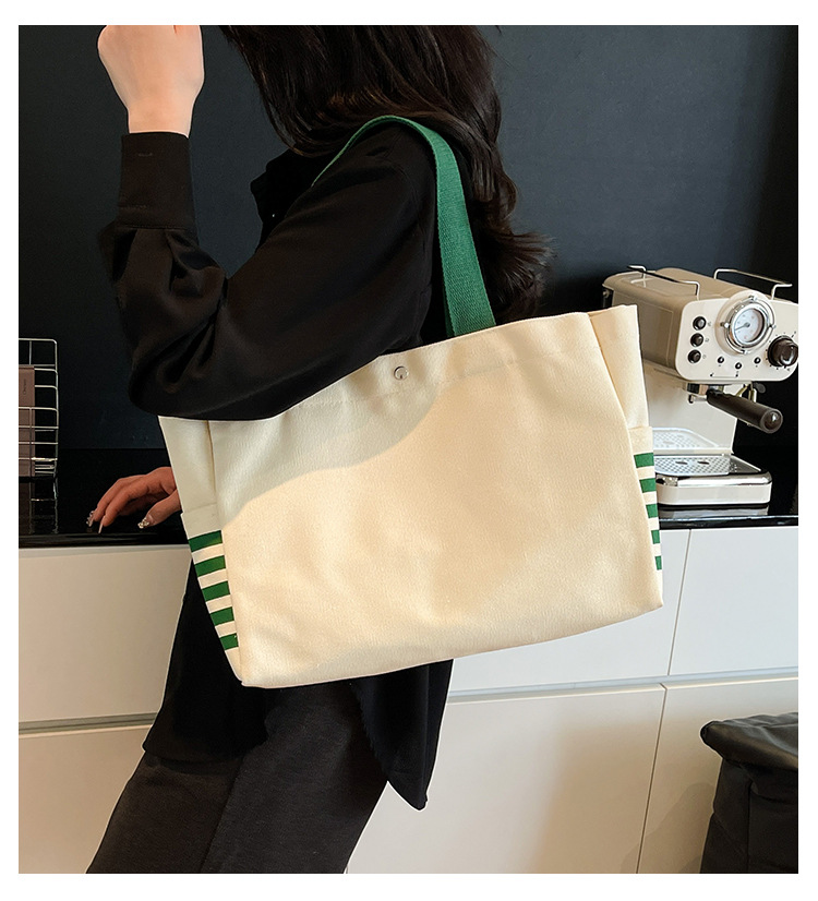 キャンバストート シンプル持ち手ボーダー帆布バッグ