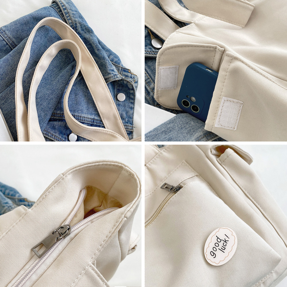 大容量キャンバストートバッグ サイドポケット付き韓国風