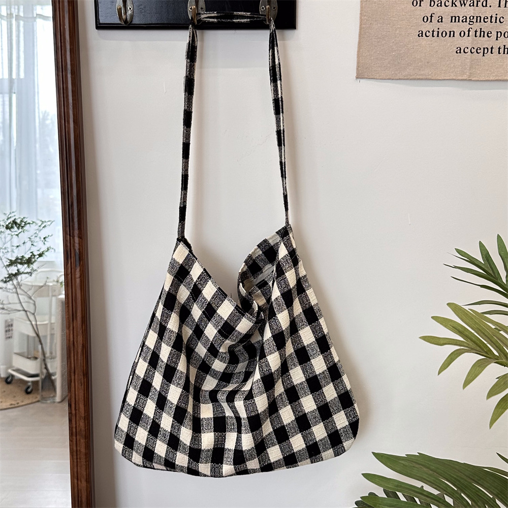 キャンバストート 帆布チェック柄ショルダートートバッグ内ポケット付き