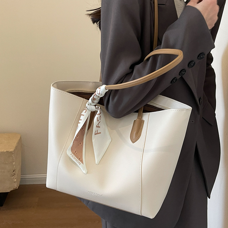 キャンバストート スカーフ付きバイカラー配色大容量トートバッグ