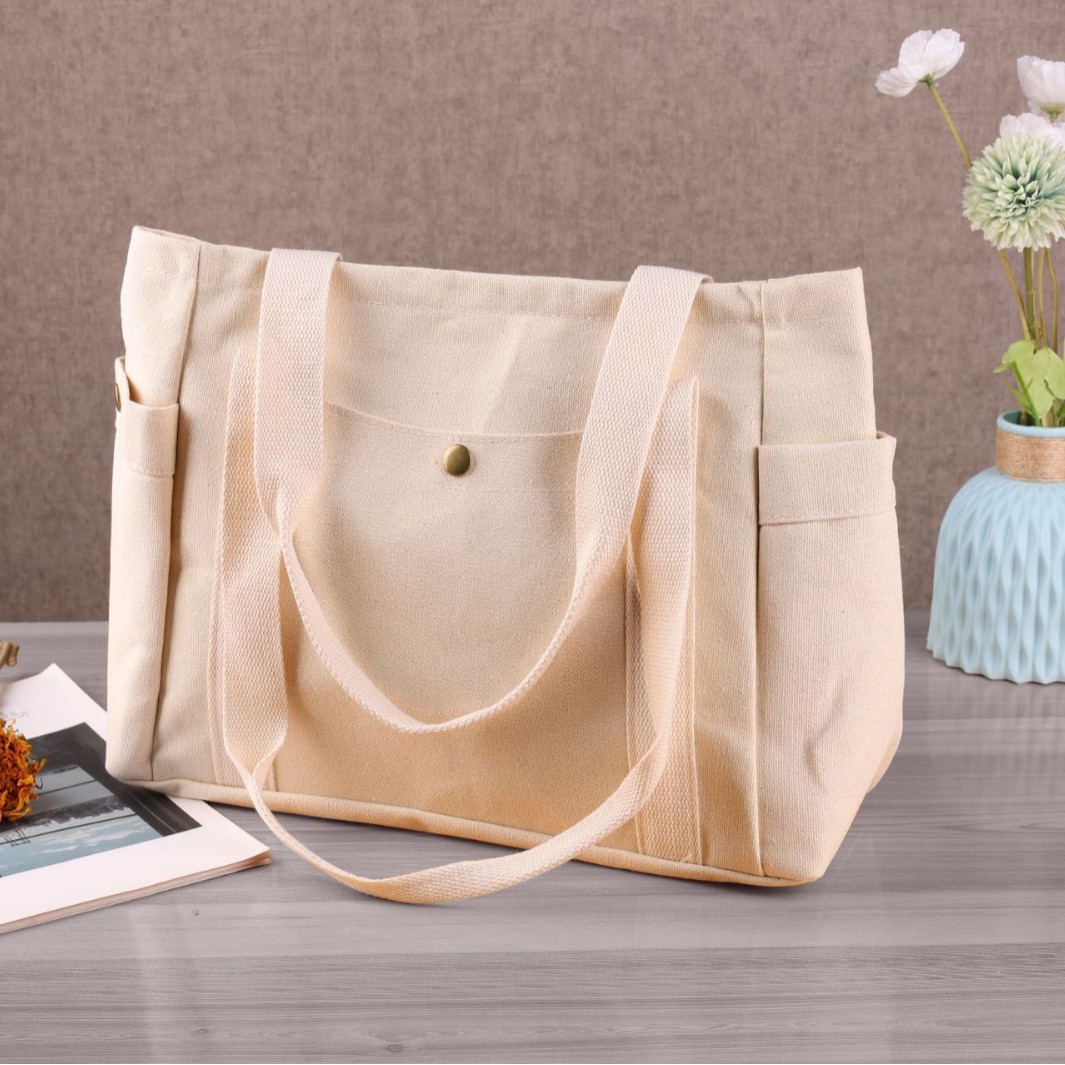 キャンバストート大きめ 多機能ポケット付き大容量キャンバストートバッグ