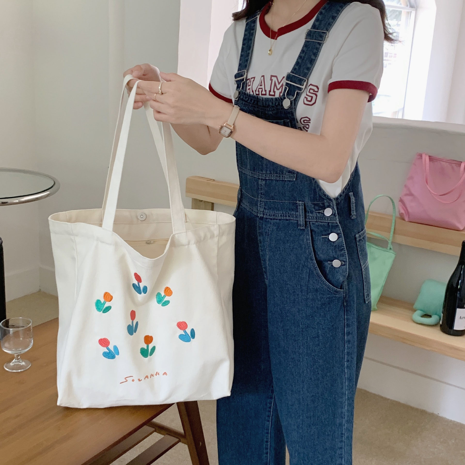 花柄キャンバストートバッグ 大容量 エコバッグ レディース
