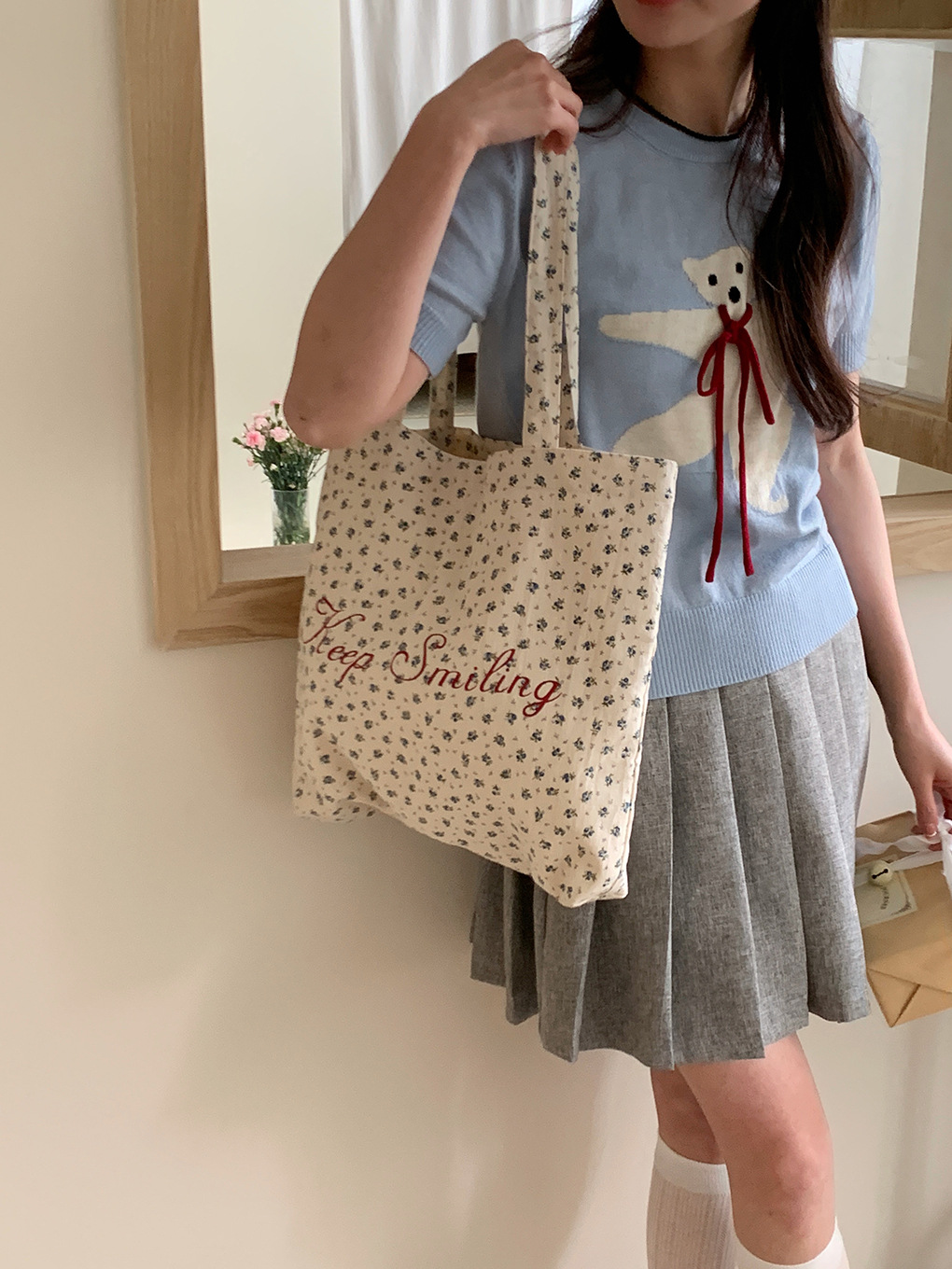 小花柄キャンバストート ショルダーバッグ エコバッグ 帆布