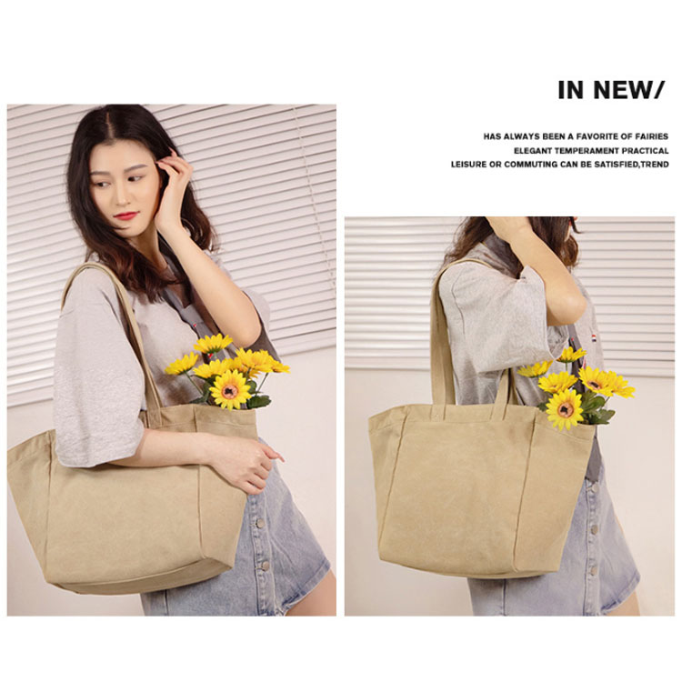 大容量キャンバストートバッグ肩掛けポケット付き