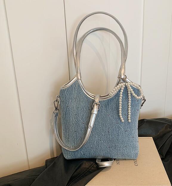 大容量デニム風キャンバストート パール紐付き韓国風鞄
