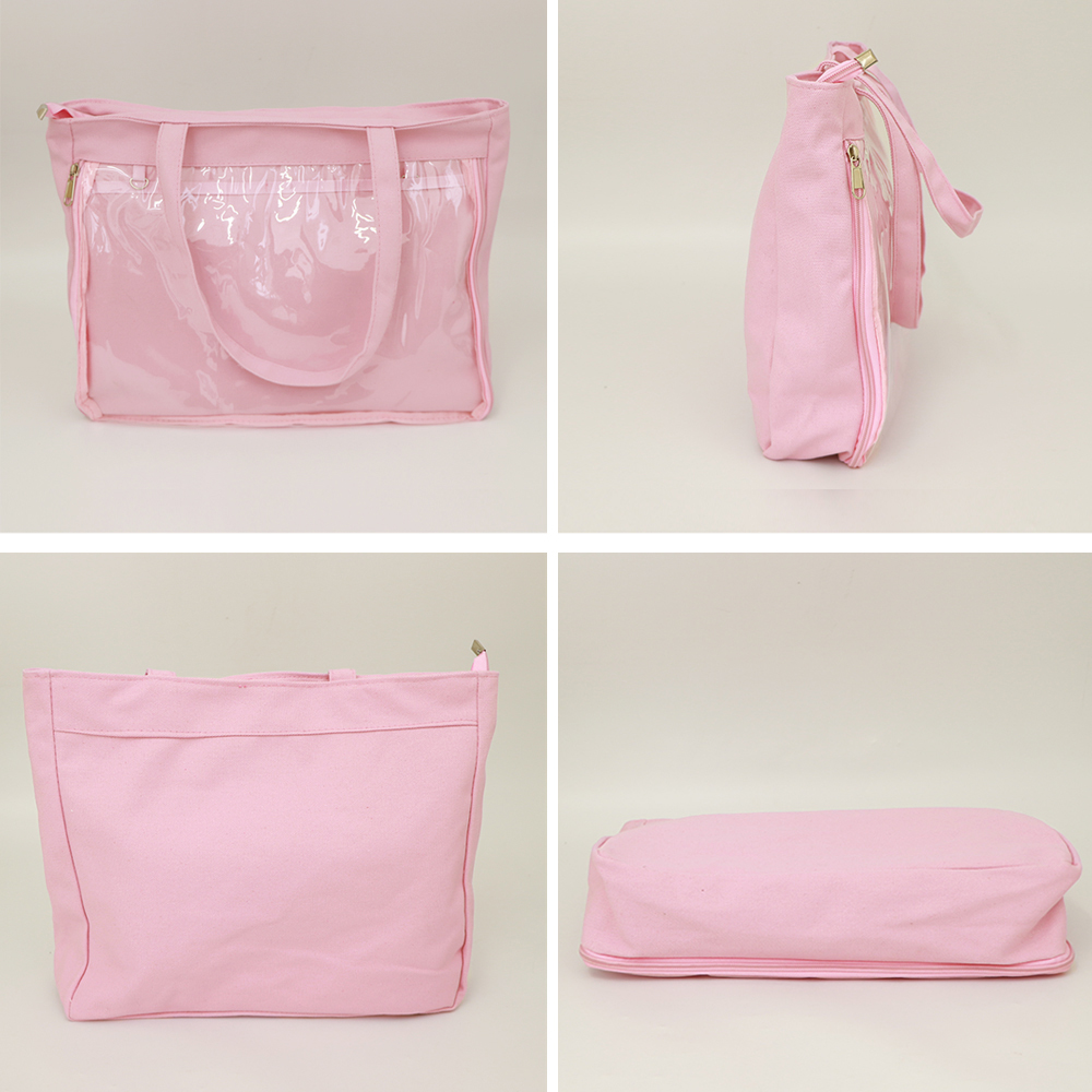 透明ポケット付きキャンバストート 大容量横型バッグ