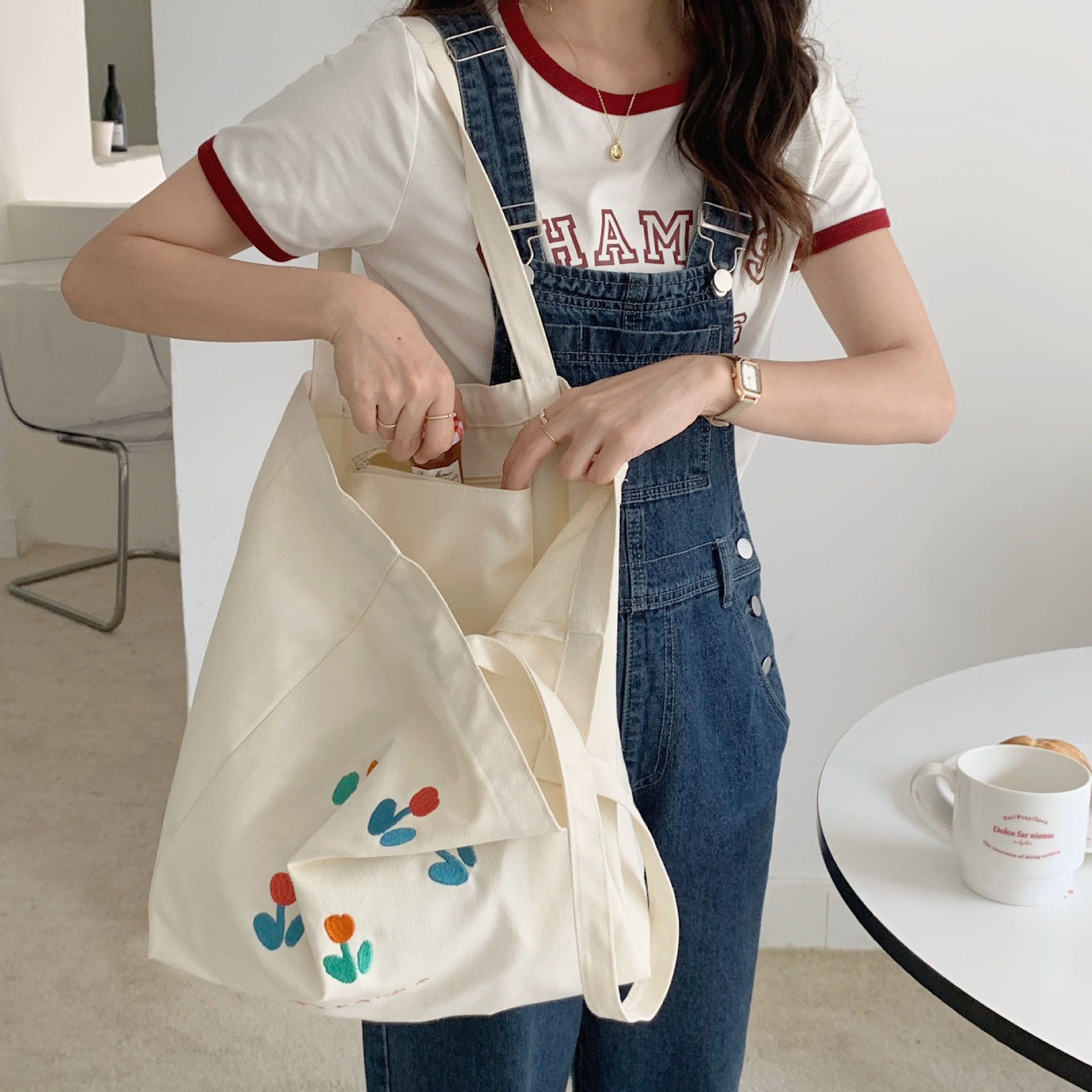 花柄キャンバストートバッグ 大容量 エコバッグ レディース