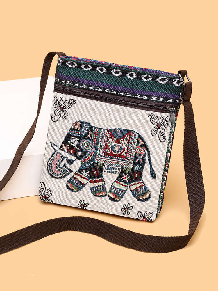 キャンバストートミニ 民族調象刺繍のコンパクトショルダーバッグ