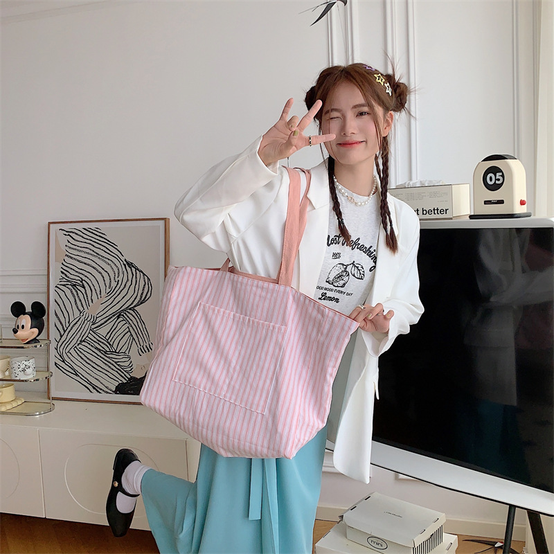 リバーシブル縞模様キャンバストート大容量バッグ