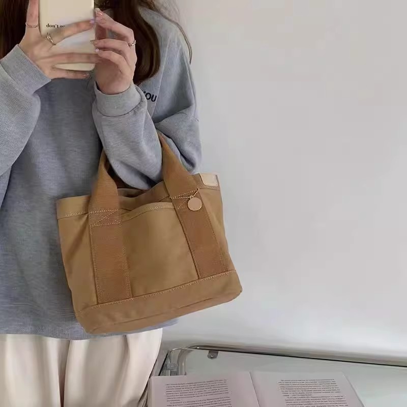 キャンバストート シンプル丸札付き手提げミニバッグ