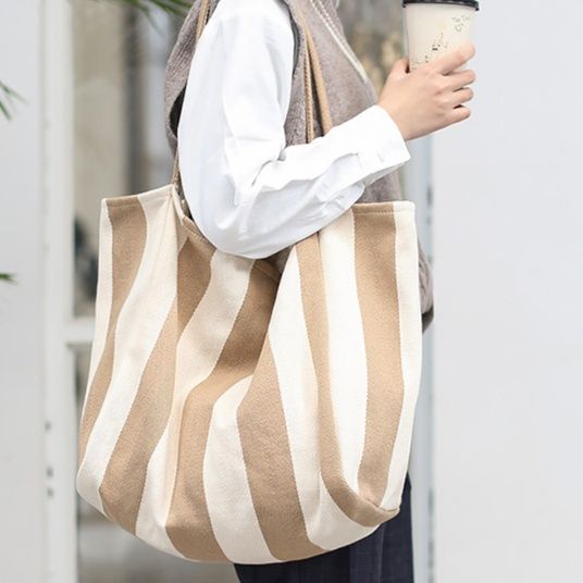 トートバックメンズ 縞模様布製大容量肩掛け鞄
