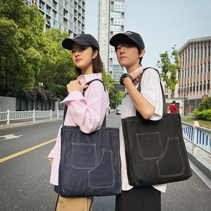 トートバックメンズ シンプルデニムポケットトートバッグ