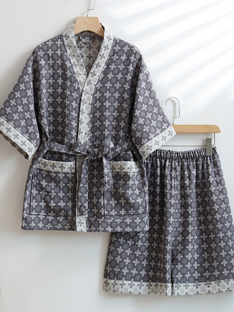 サウナグッズ 和風花柄甚平式サウナ着上下組
