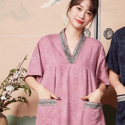 サウナグッズ 和風柄刺繍襟付き上下セットサウナウェア