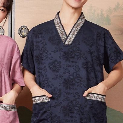 サウナグッズ 和風柄刺繍襟付き上下セットサウナウェア