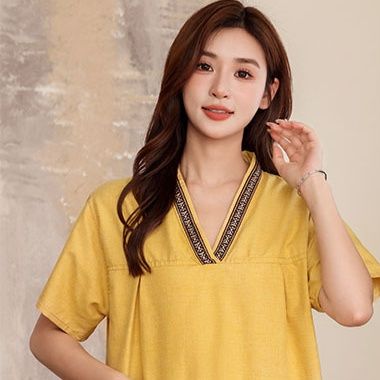 サウナグッズ 和風襟飾り付き上下セット半袖サウナウェア