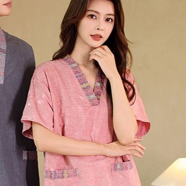 サウナグッズ 和風刺繍入り麻混紡上サウナウェア下セット