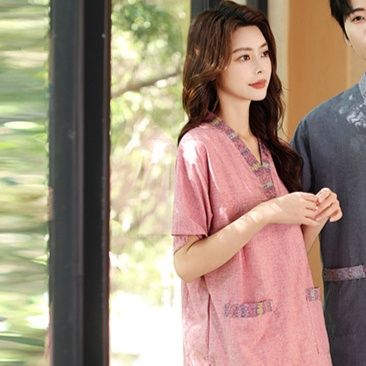 サウナグッズ 和風刺繍入り麻混紡上サウナウェア下セット