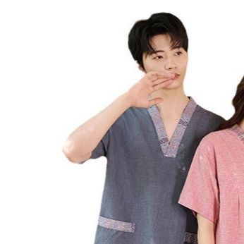 サウナグッズ 和風刺繍入り麻混紡上サウナウェア下セット