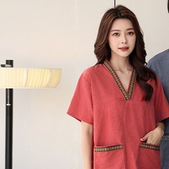 サウナグッズ 天然綿麻混紡半袖上下セットサウナウェア