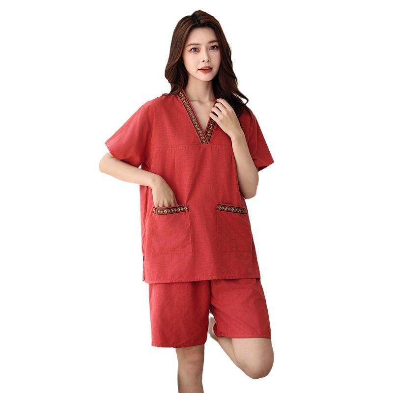 サウナグッズ 天然綿麻混紡半袖上下セットサウナウェア