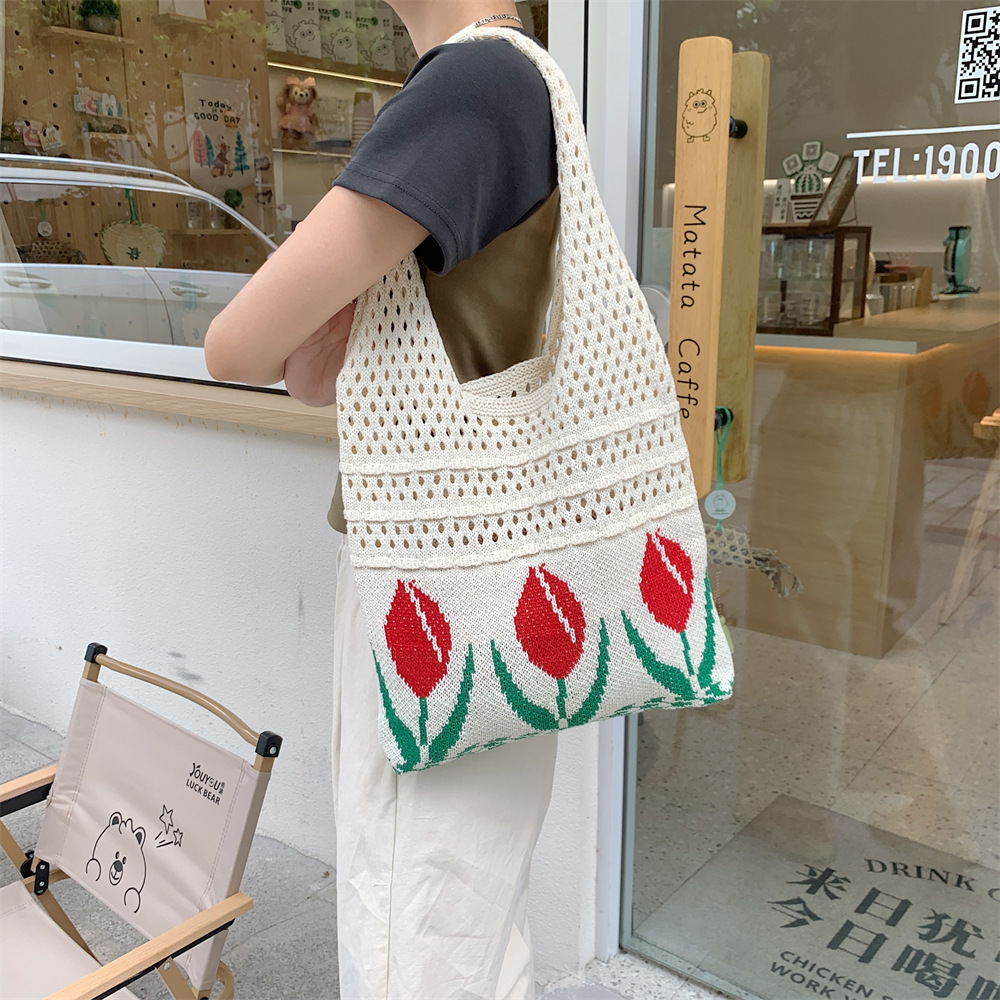 サウナグッズ サウナバッグ レディース 鍵編み 花柄 肩掛け ニット