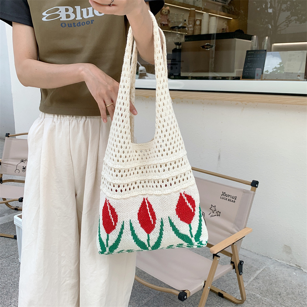 サウナグッズ サウナバッグ レディース 鍵編み 花柄 肩掛け ニット