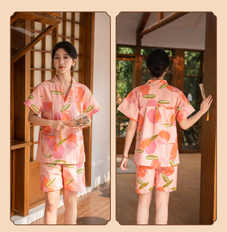サウナグッズ 桃柄和風甚平式セットアップサウナウェア