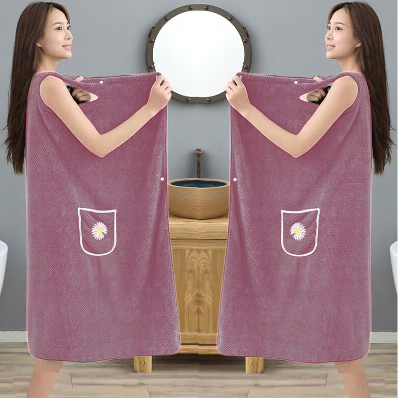 サウナグッズ 花刺繍ポケット付き着用式サウナタオル