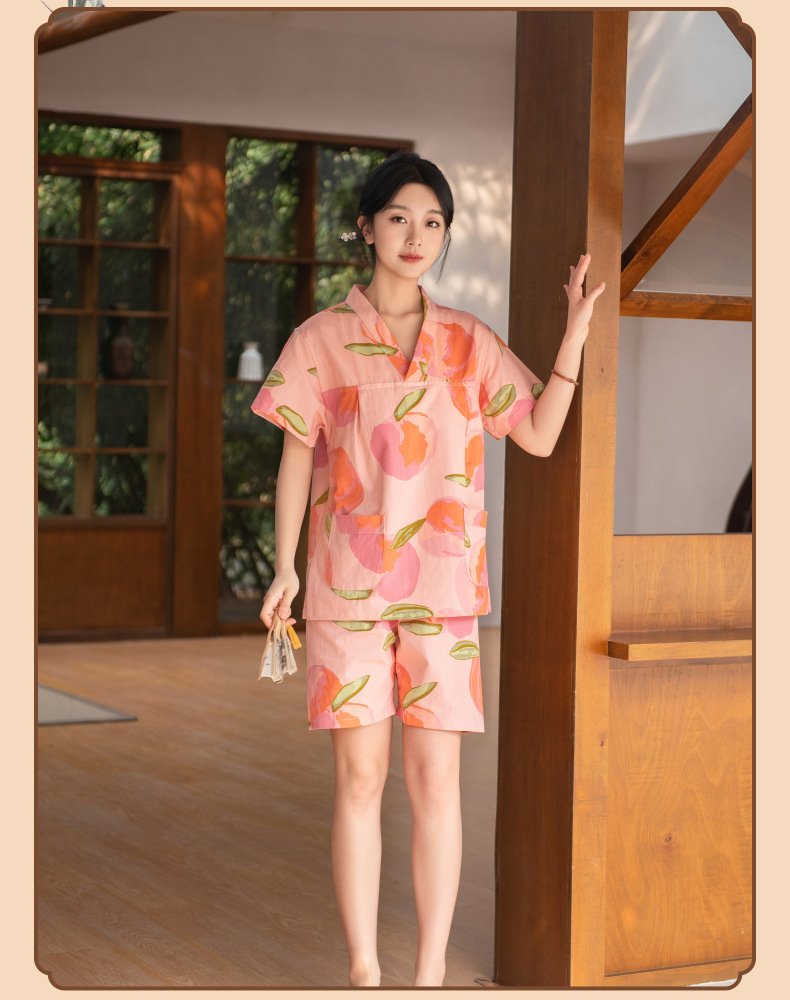 サウナグッズ 桃柄和風甚平式セットアップサウナウェア