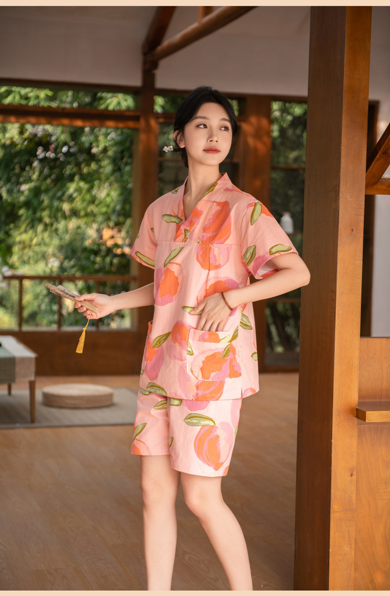 サウナグッズ 桃柄和風甚平式セットアップサウナウェア