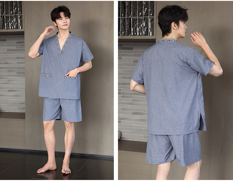 サウナグッズ 天然綿麻混紡半袖上下セットサウナウェア