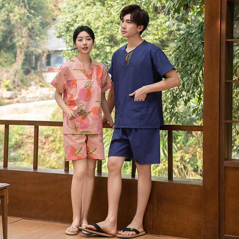 サウナグッズ 桃柄和風甚平式セットアップサウナウェア