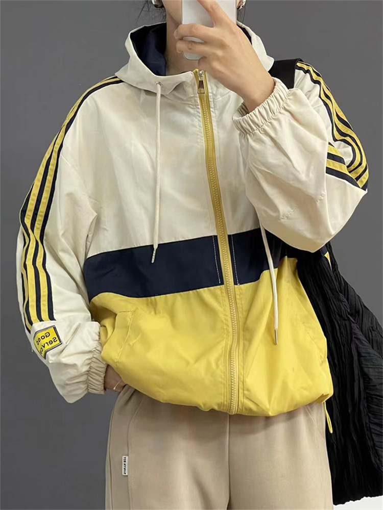 トラックジャケット 配色切替フード付きナイロン運動上着