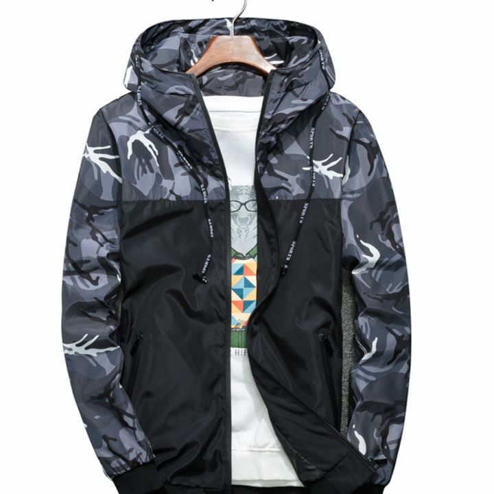 トラックジャケット ナイロン 迷彩柄切替フード付きナイロンジャケット