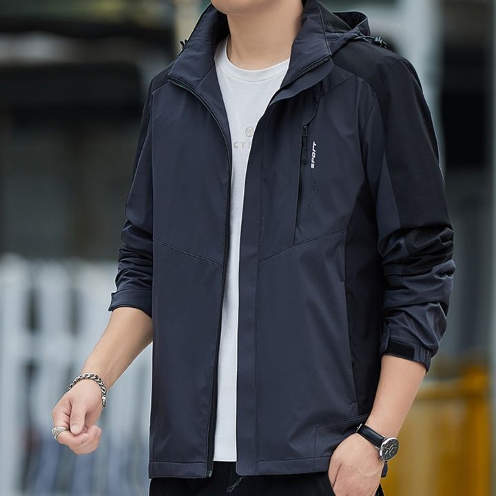 トラックジャケット 軽量防風フード付き配色切替トラックジャケット